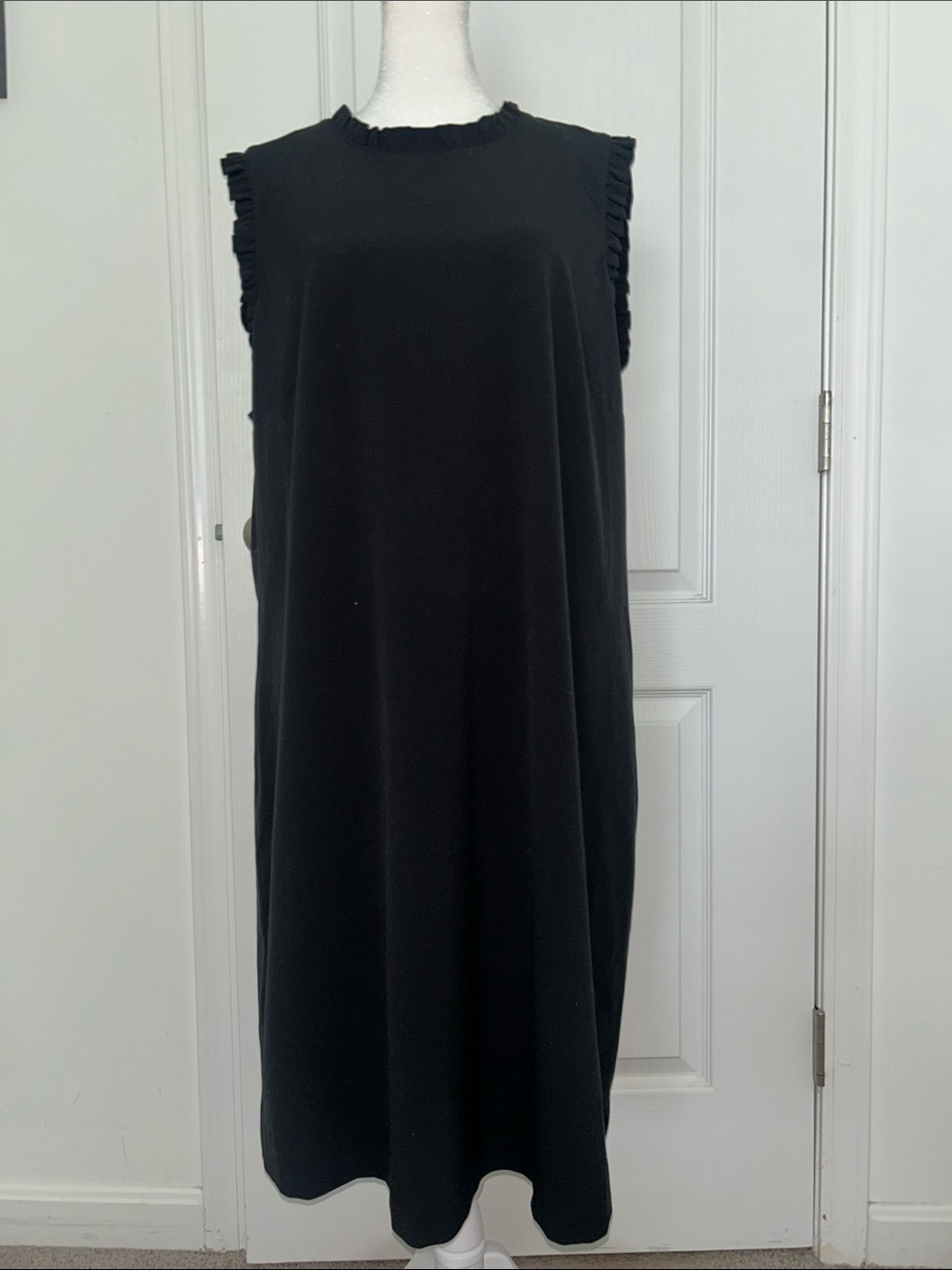 J. Crew Women’s Sleeveless Ruffle-Trim Black Midi Dress, Size 18
